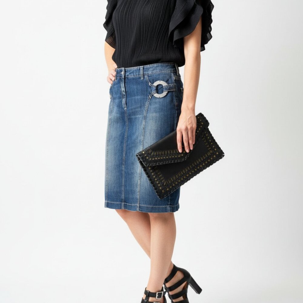 Roccobarocco Denim Skirt – Blue, Ring Detail, IT 44 / US 8